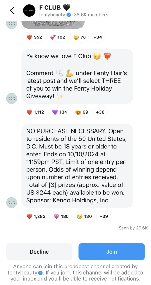 canale di trasmissione F CLUB di Fenty Beauty su Instagram, che mostra il numero di membri