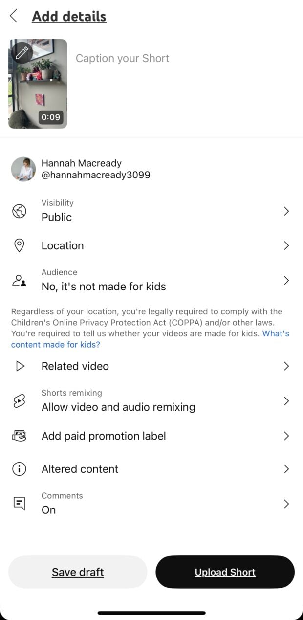 YouTube Shorts “Add details” screen showing options to caption the video, set visibility, add location, specify audience, and manage remixing, promotion, and comments. The user is identified as Hannah Macready