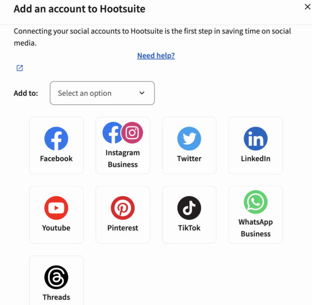 Hootsuite screen for adding social accounts, showing icons for Facebook, Instagram, Twitter, LinkedIn, YouTube, TikTok, and more