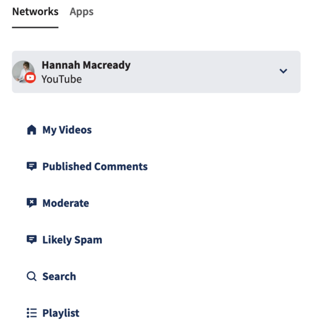 YouTube dashboard menu for Hannah Macready showing options like My Videos, Published Comments, Moderate, Likely Spam, Search, and Playlist