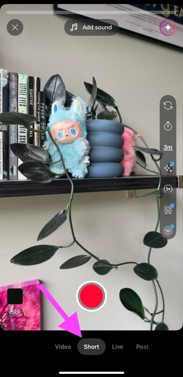 YouTube Shorts recording screen showing a shelf with books, plants, and plush toys. A pink arrow points to the selected “Short” tab.