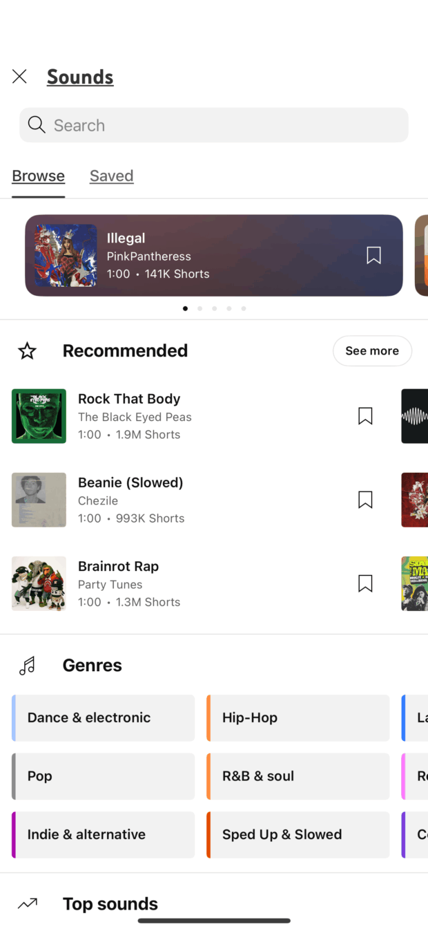 YouTube Shorts "Sounds" menu showing a list of trending audio tracks. The top track is “Illegal” by PinkPantheress. Below are recommended tracks including “Rock That Body,” “Beanie (Slowed),” and “Brainrot Rap”
