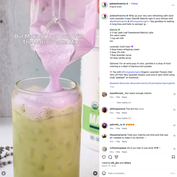 Instagram Reel from Jade Leaf Matcha, with a caption that features both broad and niche hashtags for discovery