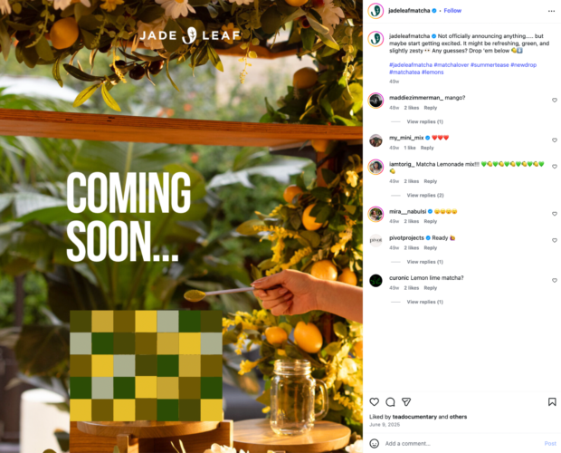 Instagram post from Jade Leaf Matcha teasing a new matcha flavor