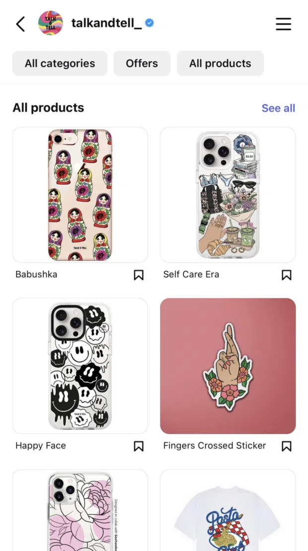 Instagram Shop featuring phone cases from brand Talk and Tell