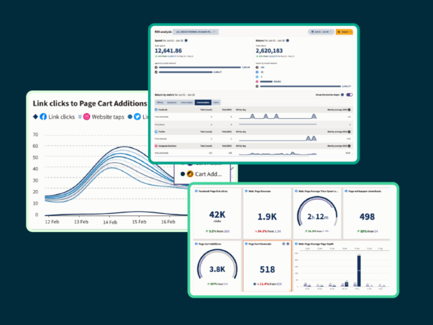 three hootsuite advanced analytics screens stacked on top of each other showing various data