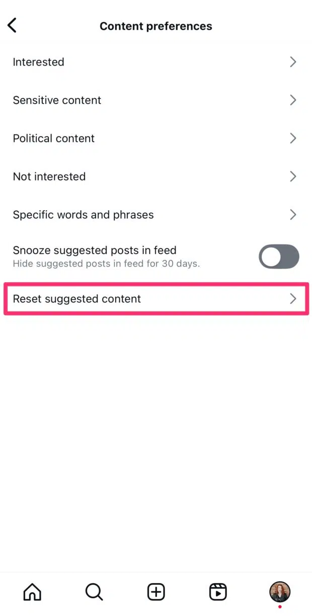 content preferences reset suggested content