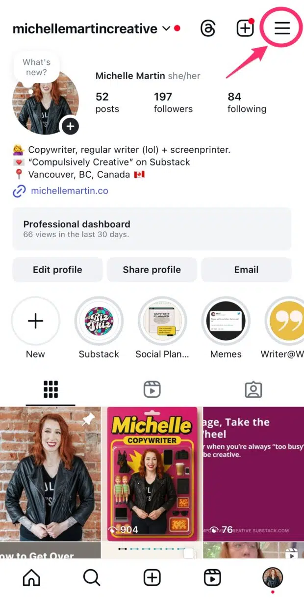 settings menu icon top right corner of instagram profile page