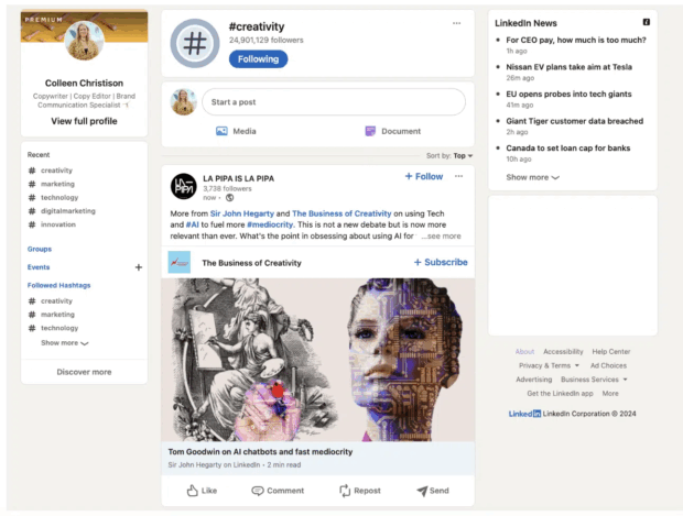 Screenshot di una pagina di hashtag su LinkedIn