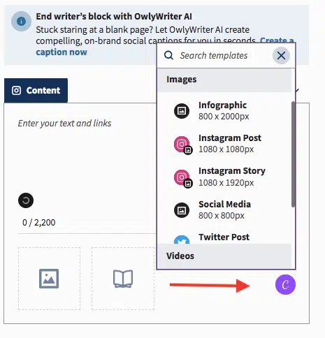 Schermata Dell'integrazione di canva in Hootsuite, Mostrando l'opione pro Aggiungere un'infografica Creata in Canva A UN POST