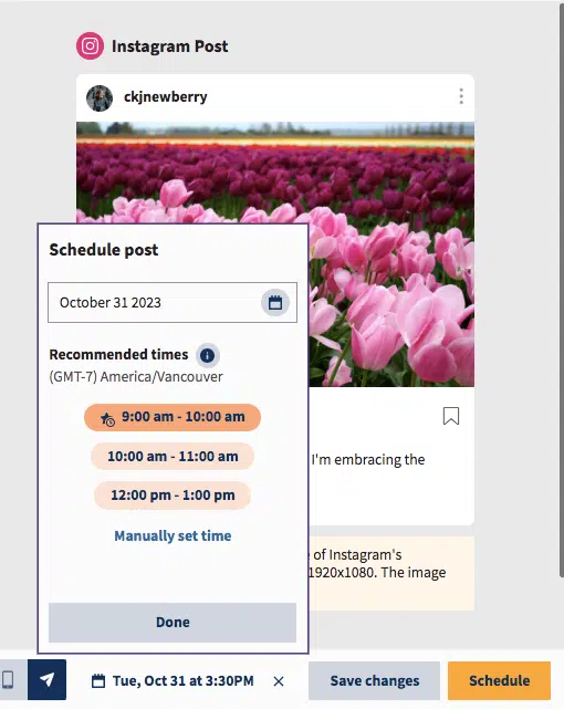 Schermata del Planer di Hootsuite che mostra un post Instagram di Tulipani Programmato Nel Calendario