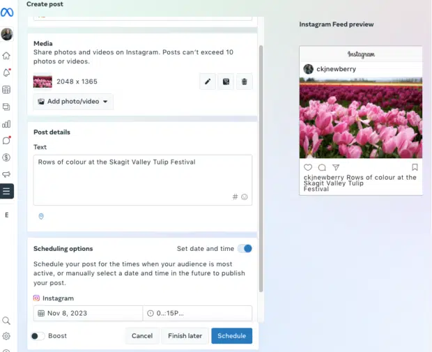 Anteprima di un post di Instagram con tulipani, MoStrando l'opione pro Programmierung