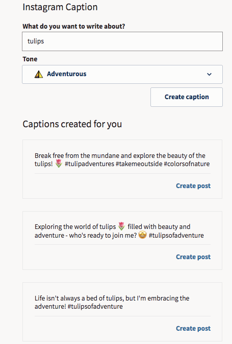 Schermata del Generatore di didascalie ai di hootsuite, che suggerisce didascalie pro un'immagine di tulipani con un tono avventuroso