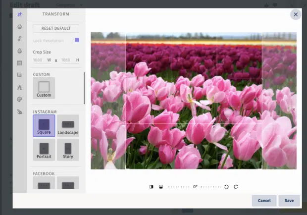 Interfaccia di bearbeitet Dell'immagine in Hootsuite che mostra le opzioni pro ritagliare o ridimensionare un'immagine di tulipano