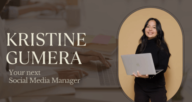 Kristine Gumera your next social media manager with professional photo holding laptop