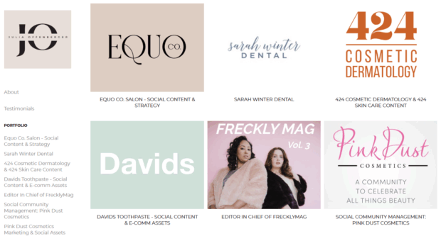 Julia Offenberger portfolio with professional about me and clickable brand links