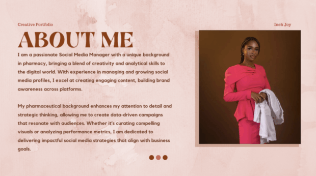 Creative Portfolio about me passionate social media manager with unique background in pharmacy