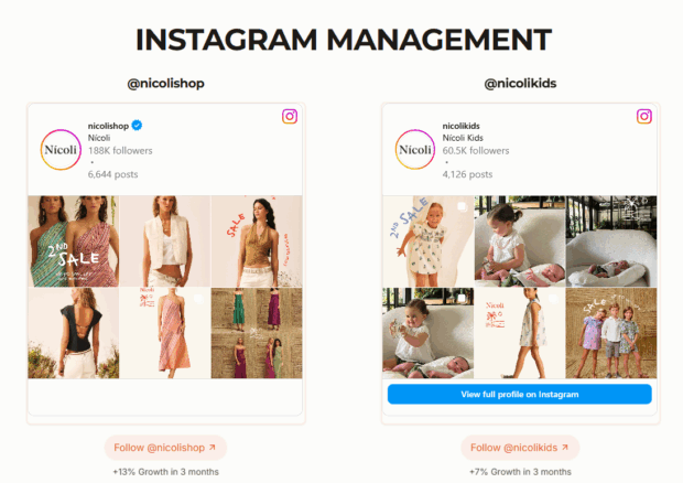 Instagram Management portfolio section with social link embeds