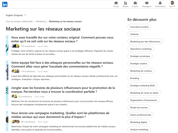 liste d’articles collaboratifs sur le thème du marketing sur les réseaux sociaux publiés sur LinkedIn