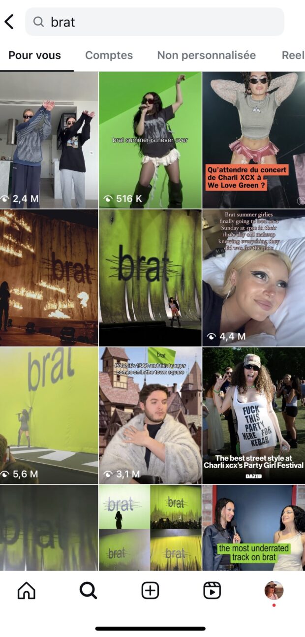 page de résultats pour le mot clé brat sur Instagram
Posts surfant sur la tendance « brat » sur Instagram