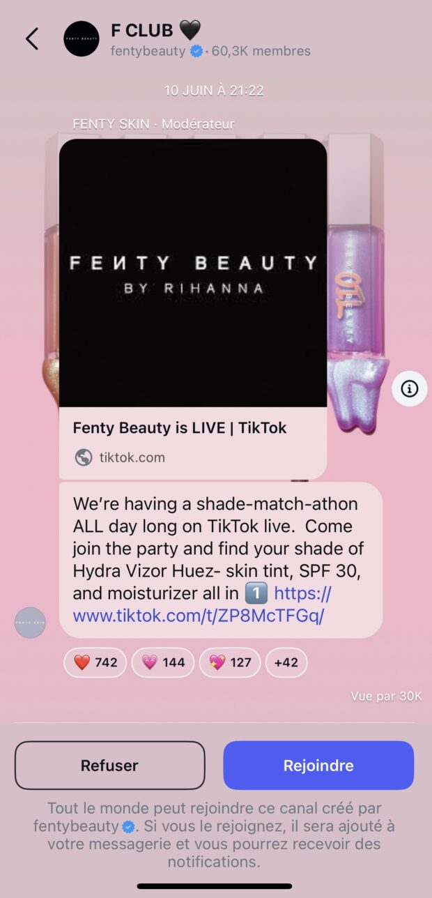 canal de diffusion de la marque Fenty sur Instagram