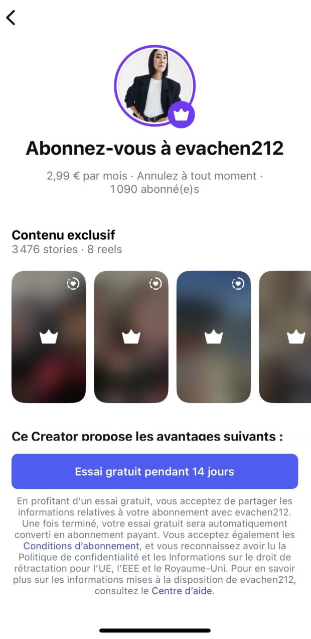 écran pour s’abonner au contenu exclusif d’un compte Instagram