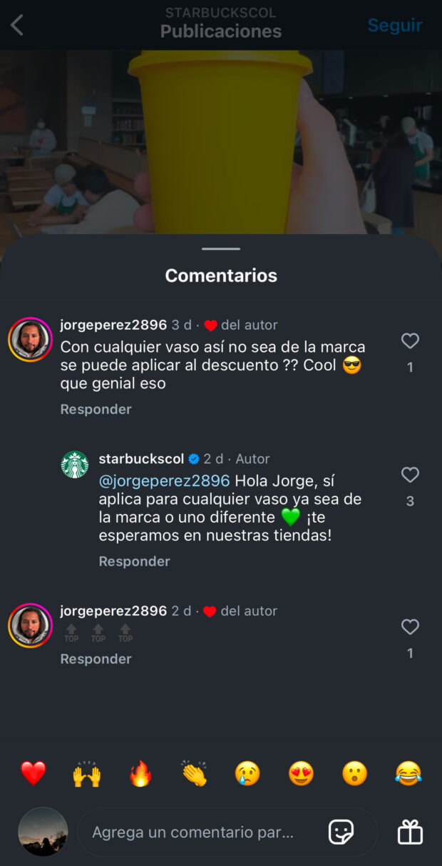 Respuesta a comentario de Instagram de Starbucks Colombia sobre un descuento con vasos reusables