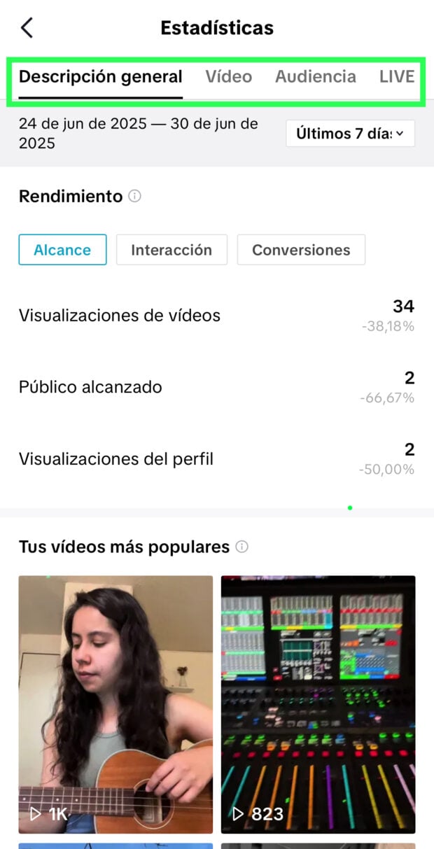 Cambia entre las pestañas Resumen, Video, Audiencia y LIVE para ver diferentes métricas
