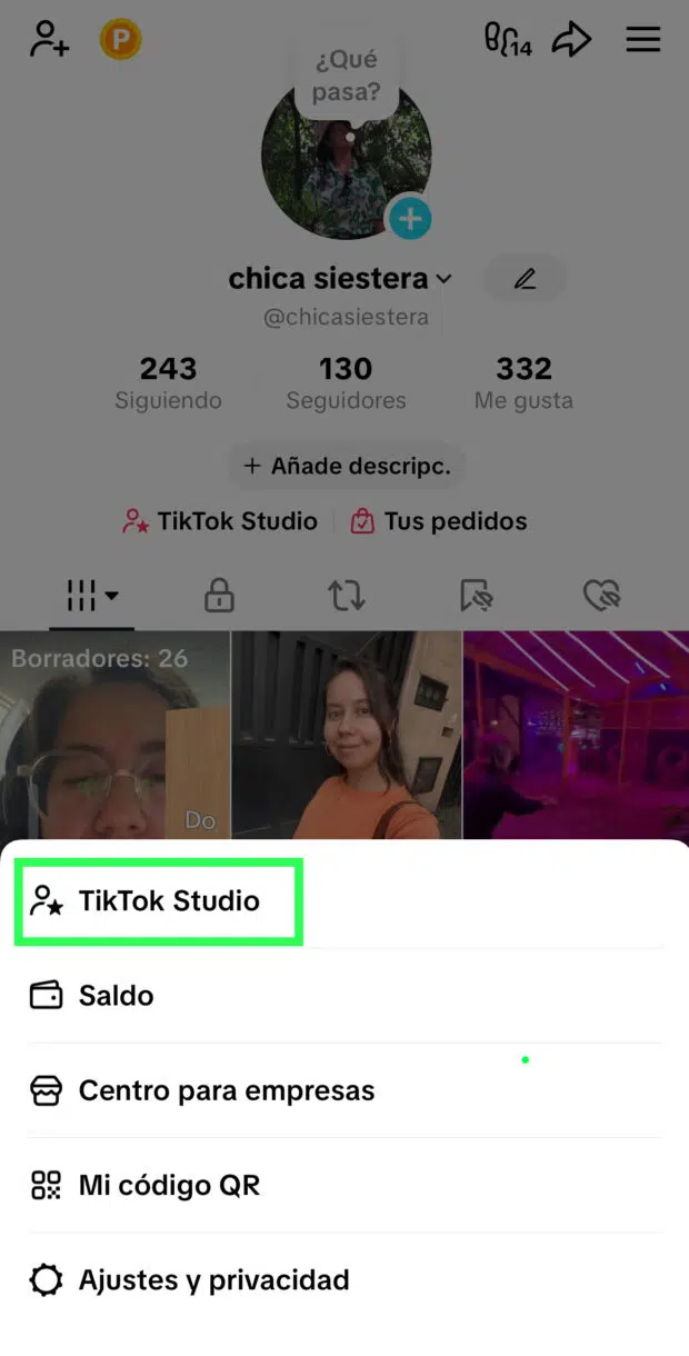 Selecciona TikTok Studio en el menú de la esquina superior derecha