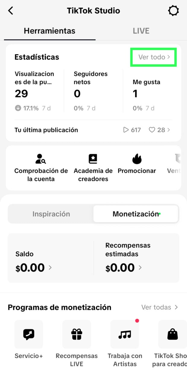 Opción Ver todo de TikTok Studio en Herramientas