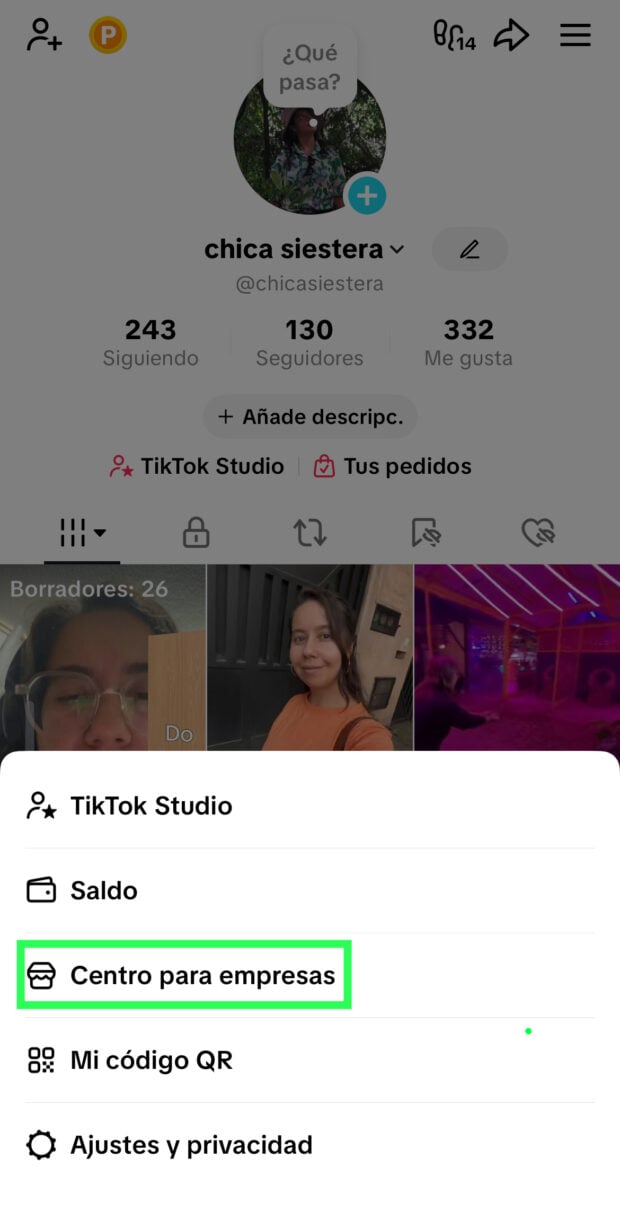 Menú en la esquina superior derecha y selecciona Centro para empresas