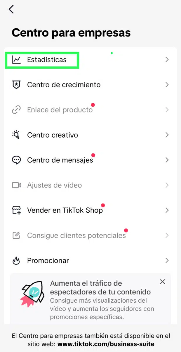 Opción de Estadísticas de Centro para empresas