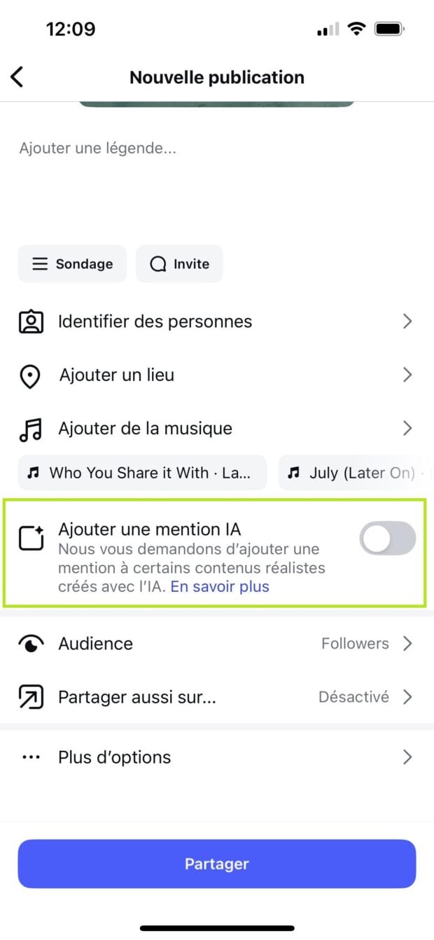 ajouter une mention IA dans une nouvelle publication Instagram