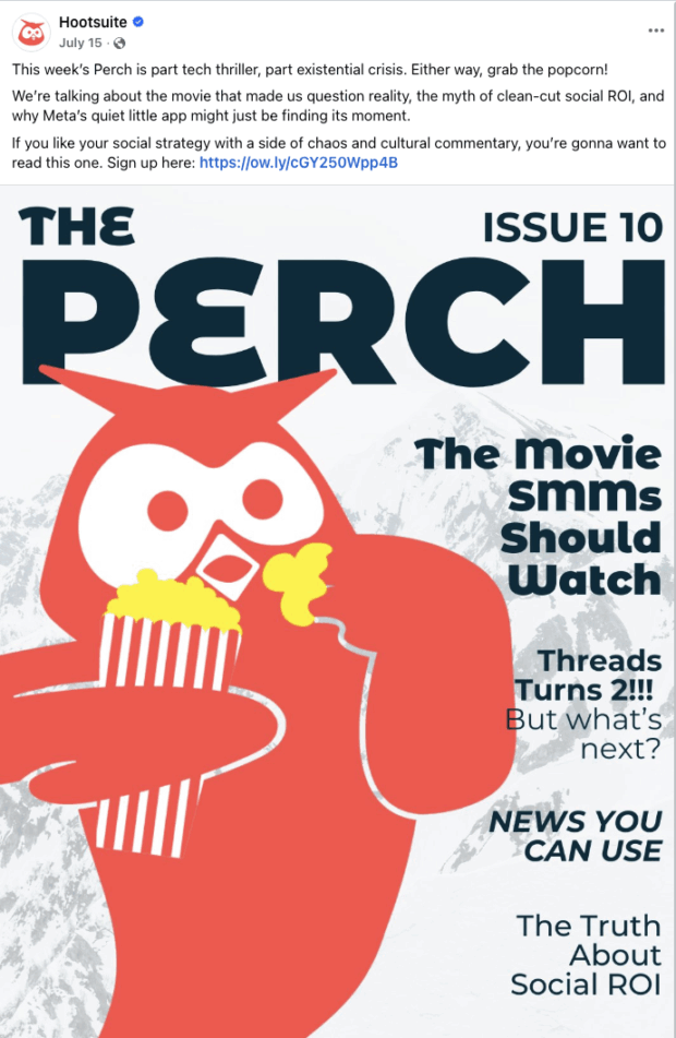 A social media post from Hootsuite featuring a newsletter cover for "The Perch, Issue 10." The cover has a red owl character eating popcorn and includes headlines like "The Movie SMMs Should Watch," "Threads Turns 2!!! But what's next?", and "The Truth About Social ROI."