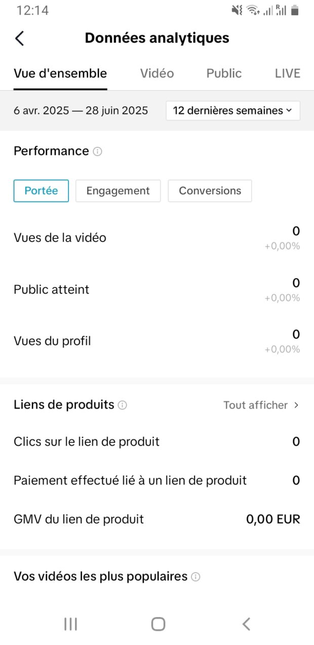 Appuyez sur le menu déroulant pour afficher une période différente, comme ici les 12 dernières semaines