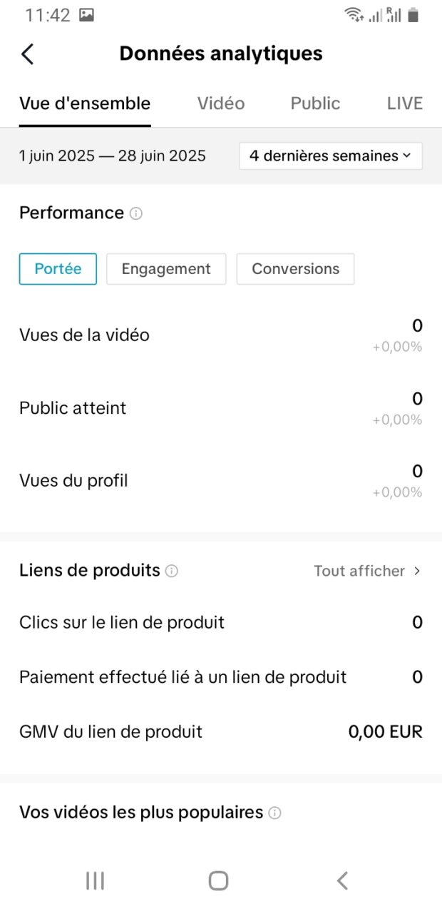 Passez d’un onglet à l’autre (Vue d’ensemble, Vidéo, Public et LIVE) pour afficher différents groupes d’indicateurs