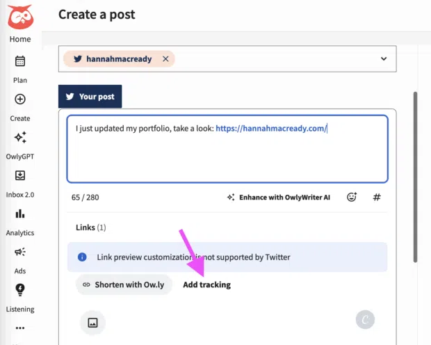 A screenshot of the Hootsuite 'Create a post' screen with an arrow pointing to the "Add tracking" option, used to add UTM parameters to a link.