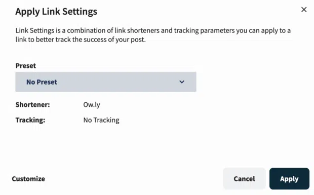 A pop-up window titled "Apply Link Settings" showing options for link shorteners and tracking, with the text "No Preset" and "No Tracking" visible.