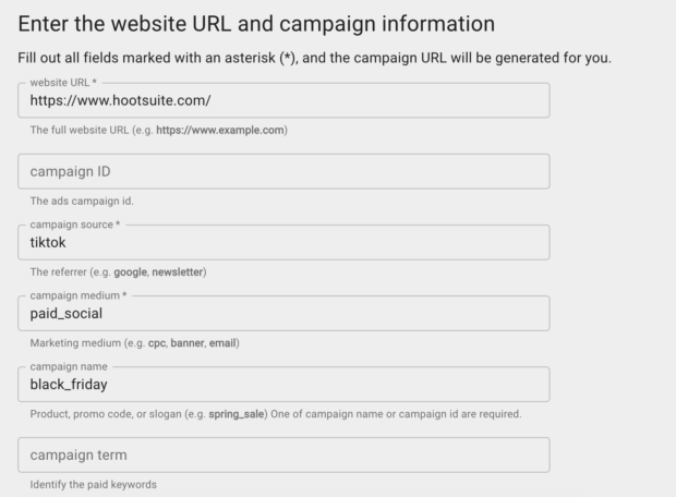 A form for a UTM builder with fields for website URL, campaign source, campaign medium, and campaign name, filled out for a "black_friday" campaign on "tiktok."