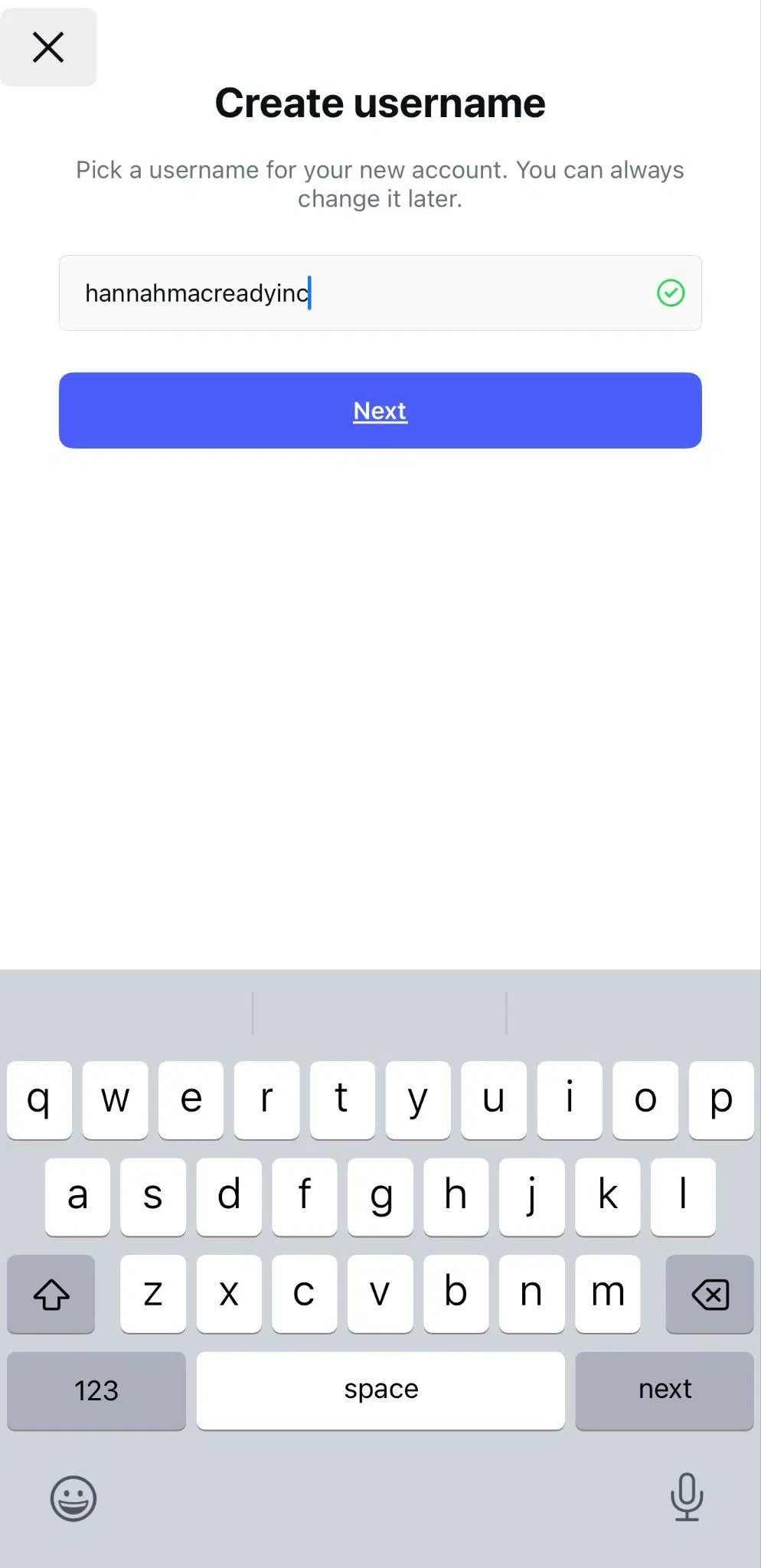 Instagram “Create username” screen with “hannahmacreadyinc” entered in the username field.