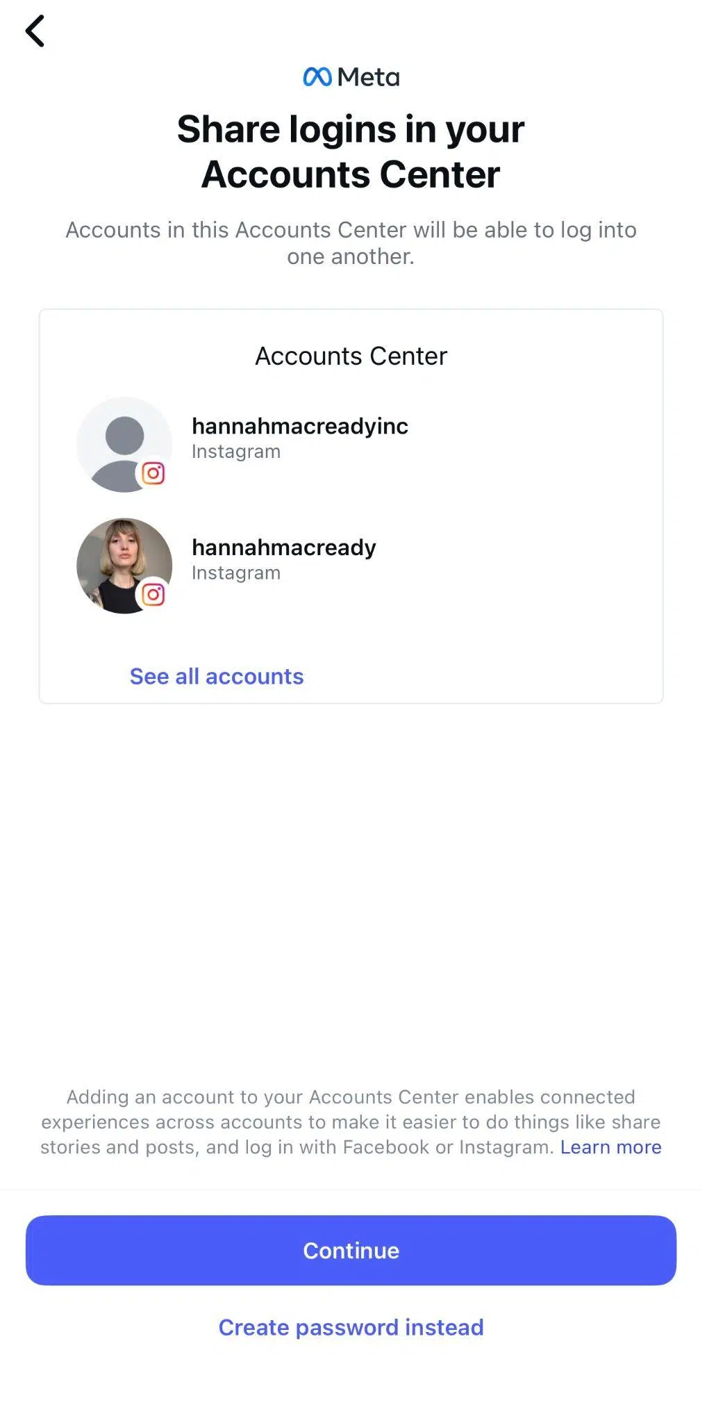 Meta screen showing two Instagram accounts in the Accounts Center with an option to share logins.