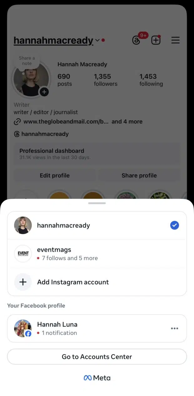 Instagram profile page with account switcher open, showing multiple accounts and a linked Facebook profile
