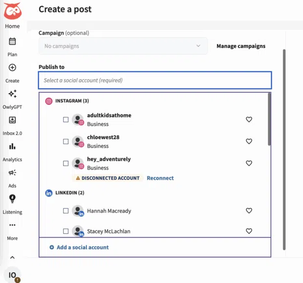 Hootsuite “Create a post” screen with a social network selector highlighting Instagram Business profiles