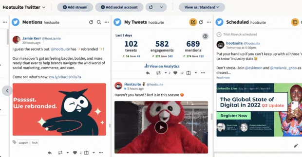 Hootsuite dashboard with multiple social media streams including Twitter, Instagram, and Facebook