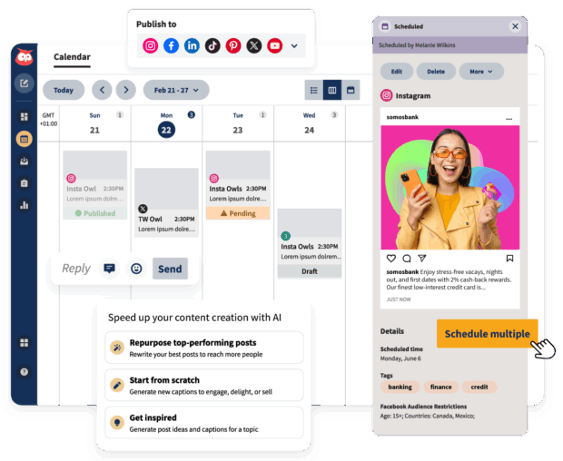 Hootsuite calendar with Instagram post preview, schedule details, and AI content suggestions