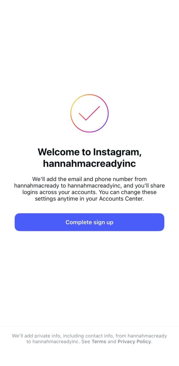 Instagram welcome screen for new account “hannahmacreadyinc” confirming shared login settings