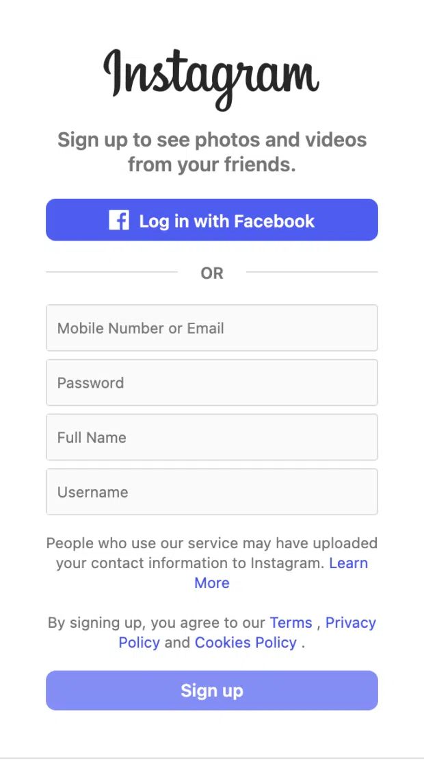 Instagram signup page with options to log in with Facebook or create an account using email or phone