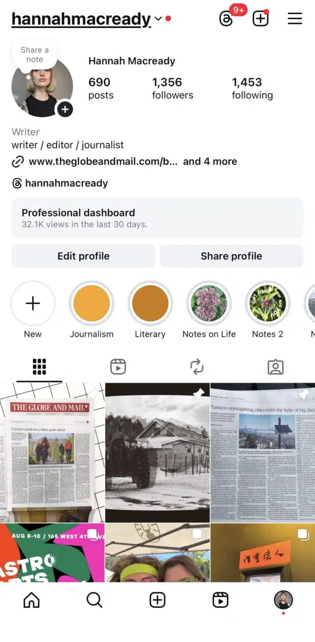 Instagram profile page for “hannahmacready”