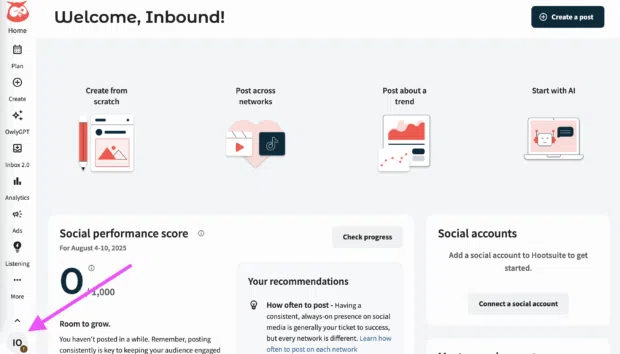 Hootsuite dashboard showing pink arrow pointing to username icon in bottom left