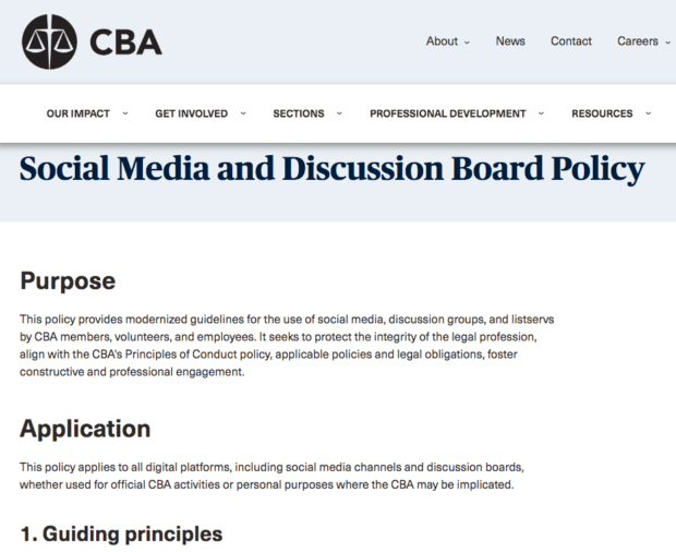 CBA website displaying the title "Social Media and Discussion Board Policy" and a section on its purpose and application.